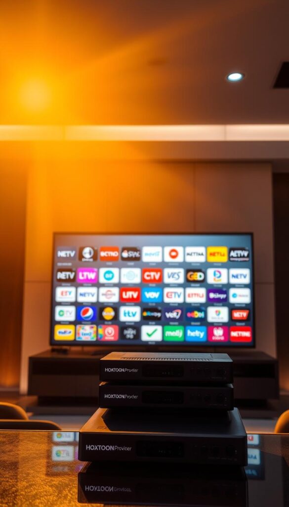 A sleek and modern television studio set, bathed in warm golden lighting. In the foreground, a stack of premium IPTV set-top boxes branded "Hoxtoon Provider", showcasing the latest in high-definition entertainment technology. The middle ground features a large, high-resolution display screen showcasing a diverse array of premium TV channel logos, including sports, movies, news, and lifestyle programming. In the background, a minimalist yet elegant backdrop with subtle geometric patterns, creating a sense of sophistication and exclusivity. The overall atmosphere conveys the idea of unlocking a world of premium entertainment through Hoxtoon Provider's IPTV service.
