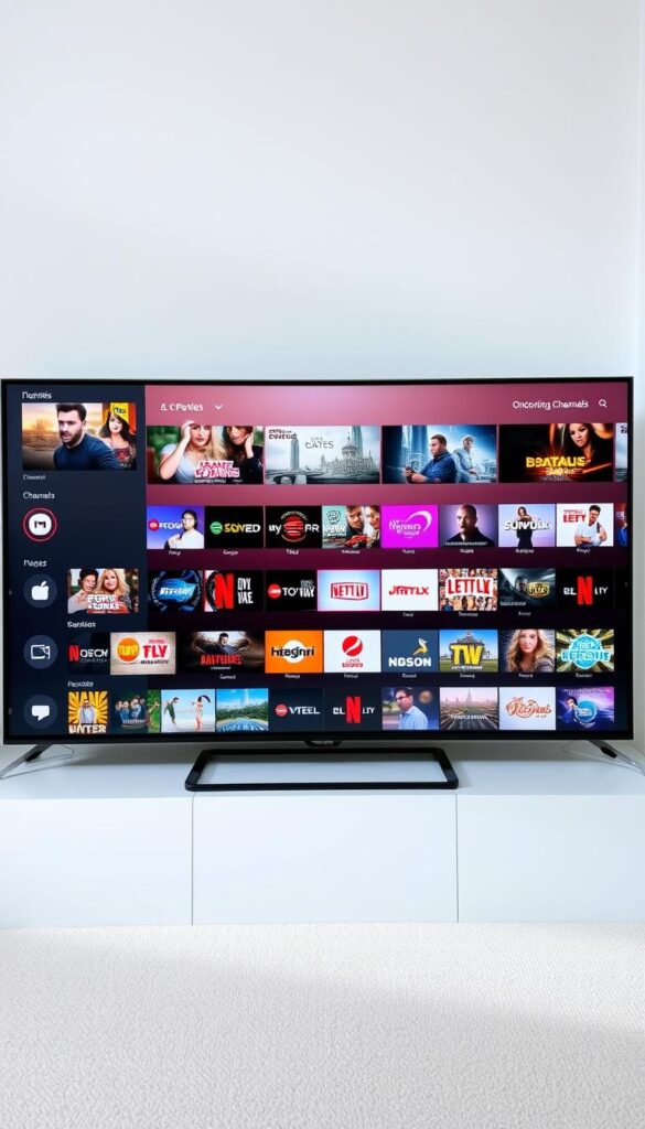 A sleek and modern user interface for the Hoxtoon Provider IPTV streaming service. The foreground features a clean, minimalist design with intuitive navigation menus and large, high-definition channel thumbnails. The middle ground showcases a variety of popular live TV channels and on-demand content, presented in an organized grid layout. The background subtly fades into a soft, neutral tone, creating a calm and focused viewing experience. Lighting is bright and natural, with a slightly cinematic tone. The overall atmosphere conveys a sense of ease and accessibility, inviting the user to effortlessly explore the extensive channel selection.