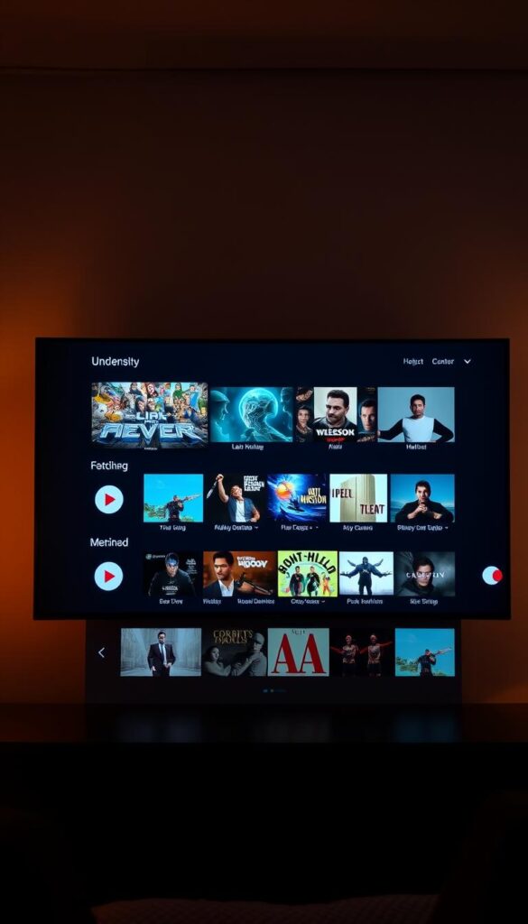 A sleek and modern user interface for the Hoxtoon Provider IPTV streaming solution, displaying a clean and intuitive navigation experience. The screen shows a grid layout of various live TV channels and on-demand content, with clear category labels and icons. The interface has a minimalist design with a dark color scheme, creating a cinematic atmosphere. Warm lighting from the sides and a shallow depth of field draw the viewer's attention to the center of the display. The overall impression is one of a polished, high-quality streaming platform that offers a seamless and enjoyable viewing experience.