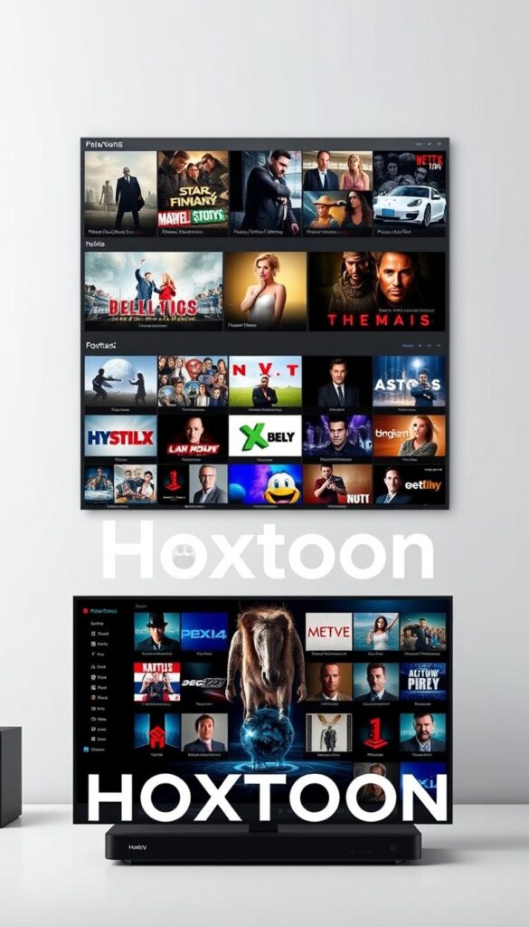 A sleek and modern visual representation of the leading IPTV provider, Hoxtoon, showcasing its expansive channel lineup and extensive on-demand content. Set against a clean, minimalist backdrop, the image features a prominent Hoxtoon logo in the foreground, surrounded by a grid-like arrangement of various entertainment icons, representing the breadth of content available. The middle ground showcases a collage of vibrant, high-definition images of popular TV shows, movies, and live events, conveying the depth and quality of Hoxtoon's offering. The background subtly suggests a sense of global connectivity, with a softly blurred world map or satellite imagery, alluding to the widespread availability and accessibility of the Hoxtoon IPTV service. The overall composition and lighting create a sleek, professional, and visually captivating image that reflects Hoxtoon's position as the leading IPTV provider.