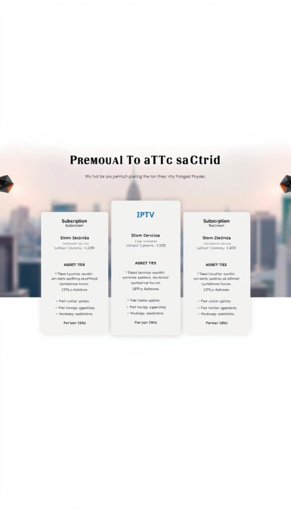 A sleek and modern web page showcasing the premium IPTV subscription plans from Hoxtoon Provider. The page has a clean, minimalist design with a neutral color palette of grays, whites, and blues. In the center, three subscription tiers are displayed prominently, each with a clear description of the features and pricing. The top tier is highlighted, drawing the viewer's attention. The background features a soft, blurred cityscape, suggesting the global reach and entertainment possibilities of the Hoxtoon IPTV service. The overall mood is professional, trustworthy, and high-quality, reflecting the premium nature of the offering. Subtle lighting from the sides casts a warm glow on the subscription details.
