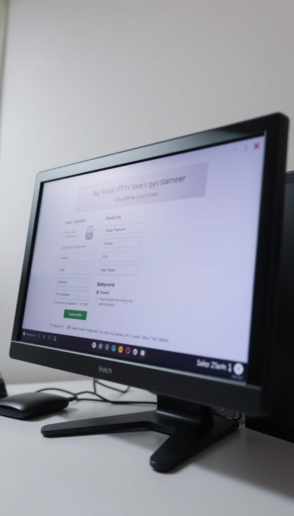 A sleek and professional-looking desktop computer screen displaying the secure payment process for a lifetime subscription to an Arabic IPTV service, provided by the Hoxtoon Provider. The screen shows various input fields for personal information, payment details, and confirmation steps, all presented in a clean and intuitive user interface. The lighting is bright and even, creating a sense of clarity and trustworthiness. The camera angle is slightly elevated, providing a comprehensive view of the payment flow. The overall mood conveys a seamless and reliable subscription experience.