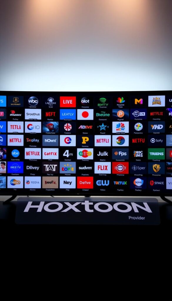 A sleek and stylish grid layout showcasing the impressive channel lineup of the Hoxtoon IPTV provider. The foreground features a prominent display of the Hoxtoon Provider brand, presented in a bold, modern typeface. The middle ground showcases a neatly organized grid of channel icons, each meticulously crafted to capture the essence of the respective networks. The background maintains a subtle, yet refined gradient, creating a sense of depth and sophistication. The lighting is soft and diffused, illuminating the display with a warm, inviting glow. The overall composition is captured through a wide-angle lens, allowing for a comprehensive view of the comprehensive channel selection. The mood is one of professionalism and excellence, reflecting the quality and breadth of the Hoxtoon IPTV service.
