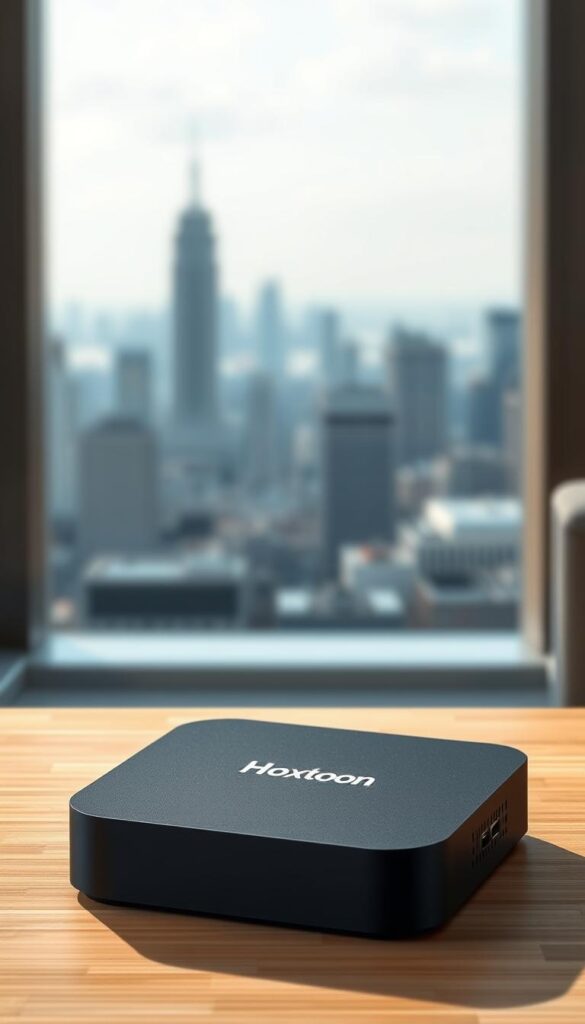 A sleek android TV box rests on a minimalist wooden surface, its matte black exterior gleaming under soft, directional lighting. The device's clean lines and modern aesthetic suggest a premium, high-performance media player. In the background, a blurred city skyline hints at the boundless entertainment options available through the Hoxtoon Provider IPTV subscription, seamlessly integrated into the box's interface. The scene conveys a sense of effortless connectivity and limitless content, perfectly suited to satisfy the diverse viewing needs of the modern household.