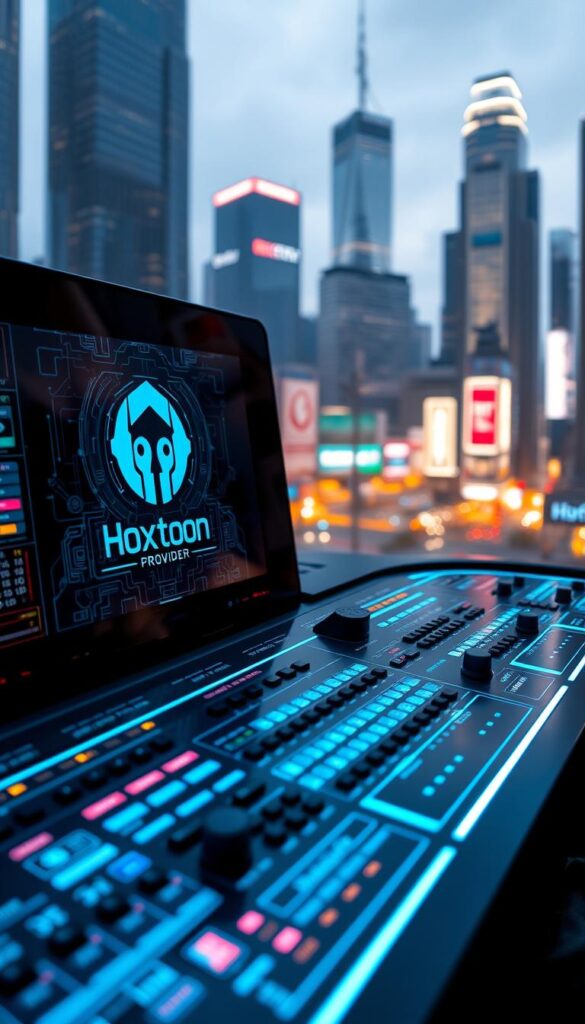 A sleek, futuristic control panel displaying the Hoxtoon Provider logo, showcasing the advanced technology of premium IPTV. The panel features an array of intricate, holographic-style displays and controls, bathed in a cool, blue-tinted lighting that creates a sophisticated, high-tech atmosphere. In the background, a cityscape of towering skyscrapers and glowing neon signs hints at the global reach and seamless connectivity of this premium IPTV service. The scene conveys the cutting-edge nature of the technology, its reliability, and the premium experience it provides to users.