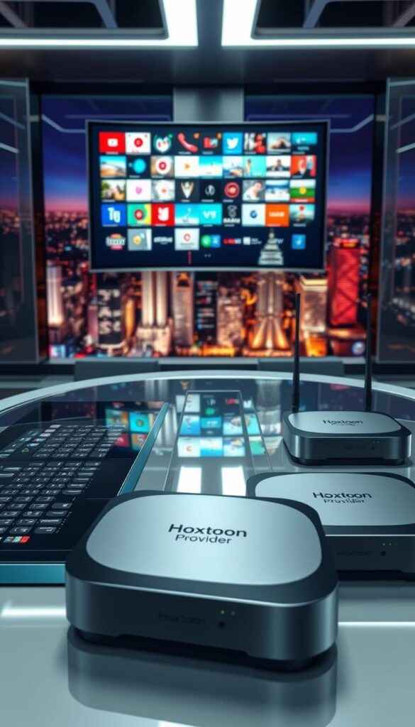 A sleek, futuristic visualization of IPTV technology. A glass-and-metal control panel dominates the foreground, with a grid of colorful real-time channel feeds displayed on a large curved screen. The middle ground features streamlined hardware components - modems, routers, and set-top boxes emblazoned with the "Hoxtoon Provider" logo. The background depicts a vibrant, cityscape skyline, hinting at the wide-reaching connectivity of IPTV. The lighting is clean and bright, conveying a sense of advanced, reliable technology. The overall atmosphere is one of sophistication, innovation, and the seamless convergence of entertainment and communication.