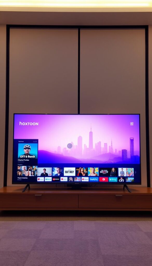 A sleek, high-definition television set displays a vibrant, crystal-clear image of a Hoxtoon Provider streaming service interface. The screen is surrounded by a modern, minimalist frame in a cool, metallic tone. Soft, diffused lighting illuminates the scene, creating a warm and inviting atmosphere. In the foreground, various streaming icons and thumbnails are neatly arranged, showcasing the breadth of entertainment options available. The middle ground features a smooth, gradient-filled background, subtly suggesting the endless possibilities of digital content. In the distance, a futuristic cityscape can be seen through a large window, representing the evolution of television entertainment in the digital age.