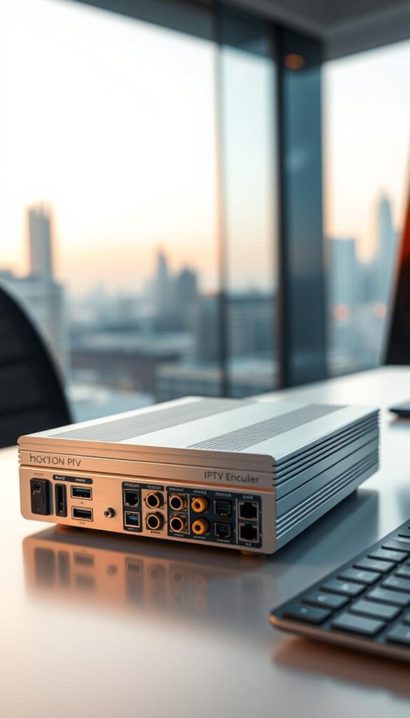 A sleek, high-performance IPTV encoder from the Hoxtoon Provider sits prominently on a modern, minimalist desk. The device's sturdy aluminum chassis gleams under warm, directional lighting, accentuating its clean lines and premium construction. In the foreground, various video input and output ports are visible, hinting at the encoder's advanced capabilities. In the background, a softly blurred city skyline provides an urban, technologically-advanced backdrop, setting the scene for this powerful streaming media tool.