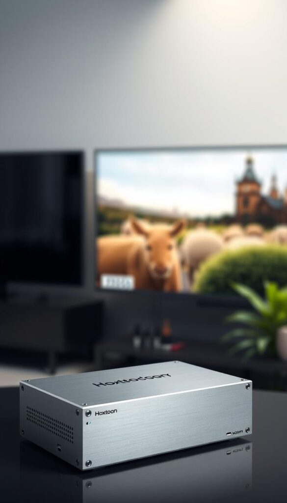 A sleek, high-performance IPTV encoder from the renowned Hoxtoon Provider stands prominently in the foreground, its metallic casing gleaming under soft, diffused lighting. The encoder's clean, minimalist design exudes a sense of modern sophistication, perfectly complementing the contemporary setting. In the middle ground, an array of state-of-the-art video and audio cables connect the encoder to a high-resolution display, hinting at the device's ability to deliver a premium, on-demand entertainment experience. The background is subtly blurred, maintaining the focus on the Hoxtoon Provider encoder as the centerpiece of this sophisticated, technology-driven scene.