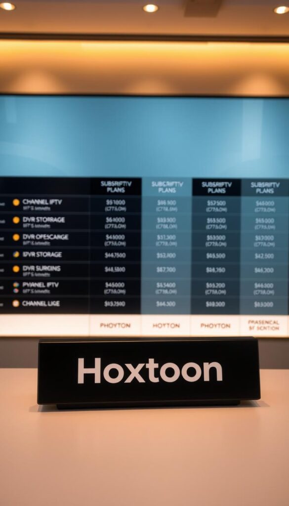 A sleek, high-quality table displaying the various IPTV subscription plans offered by the premium Hoxtoon Provider. The table is illuminated by soft, warm lighting, creating a professional and inviting atmosphere. In the foreground, the Hoxtoon Provider logo is prominently displayed, with the subscription plan details neatly organized in columns. The middle ground showcases the different package options, including channel counts, DVR storage, and pricing tiers. The background is a blurred, elegant gradient, drawing the viewer's attention to the key information. The overall composition is clean, visually appealing, and effectively conveys the range of Hoxtoon's IPTV offerings.