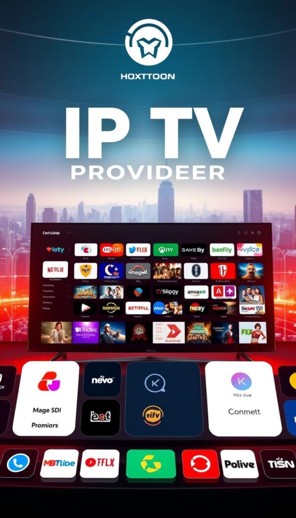 A sleek, high-tech interface showcasing the top-rated IPTV providers, with the Hoxtoon Provider brand prominently displayed. The scene is bathed in a warm, futuristic glow, creating an atmosphere of cutting-edge technology and premium entertainment. In the foreground, a collection of colorful app icons and streaming service logos are neatly arranged, inviting the viewer to explore the vast content library. The middle ground features a dynamic, responsive grid layout, highlighting the breadth of channels and on-demand options available. In the background, a stylized cityscape or abstract digital landscape adds depth and a sense of scale, reinforcing the idea of a comprehensive, world-class IPTV solution.