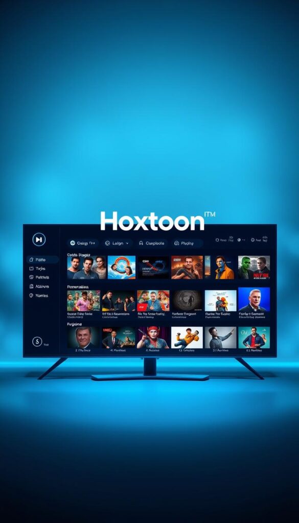 A sleek, high-tech interface with the Hoxtoon Provider logo prominently displayed. The user dashboard features a clean, minimalist design with intuitive navigation menus, sharp iconography, and a crisp, futuristic color scheme of blues and grays. In the foreground, a grid of thumbnails showcases the available IPTV channels, while the middle ground reveals detailed program information and recommendations. The background blurs into a soft, atmospheric gradient, creating a sense of depth and focus on the central interface. Cinematic lighting casts subtle shadows, enhancing the three-dimensional quality and premium feel of the design. The overall impression is one of a sophisticated, user-friendly platform that seamlessly combines form and function.