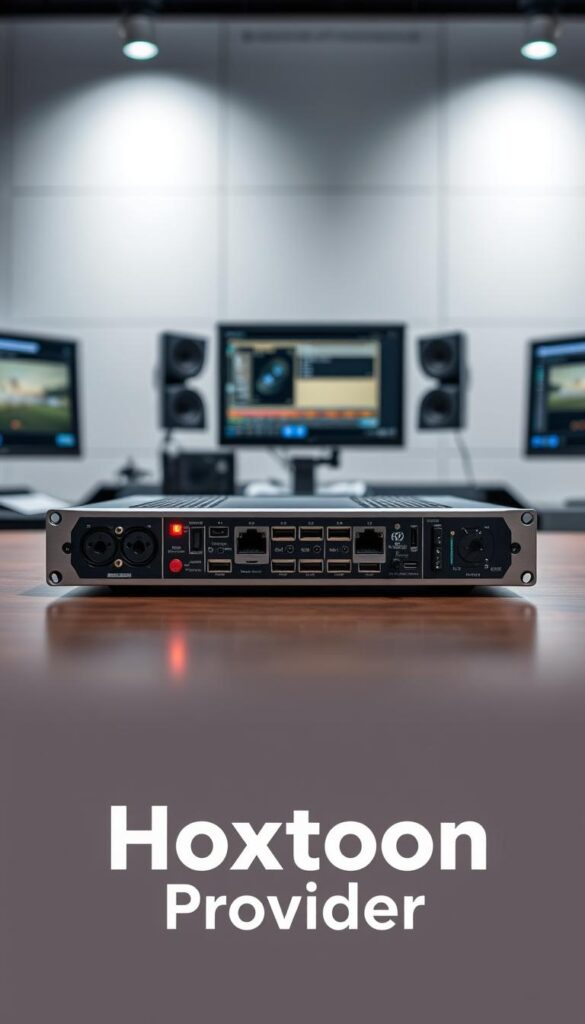 A sleek, high-tech streaming media encoder against a backdrop of a modern, minimalist control room. The encoder's metallic casing gleams under focused task lighting, its array of I/O ports and controls suggesting advanced capabilities. In the foreground, the Hoxtoon Provider logo is prominently displayed, reflecting the device's premium engineering and integration with the Hoxtoon IPTV platform. The room's neutral tones and clean lines create a professional, efficient atmosphere, emphasizing the encoder's role as the backbone of a cutting-edge media delivery system.
