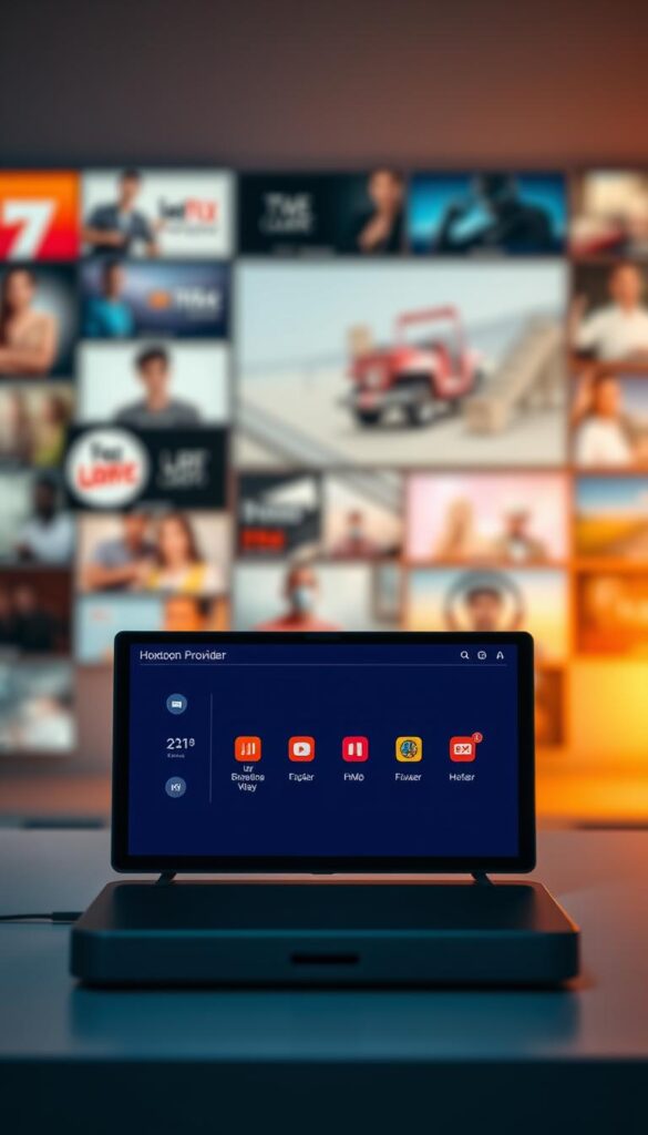 A sleek, minimalist comparison of popular IPTV providers, showcasing the Hoxtoon Provider in the foreground. The scene is set against a soft, blurred background of streaming media interfaces, creating a sense of focus and clarity. Warm, directional lighting illuminates the Hoxtoon Provider's clean interface, highlighting its user-friendly design. The image conveys a professional, technology-driven atmosphere, inviting the viewer to explore the IPTV options available.