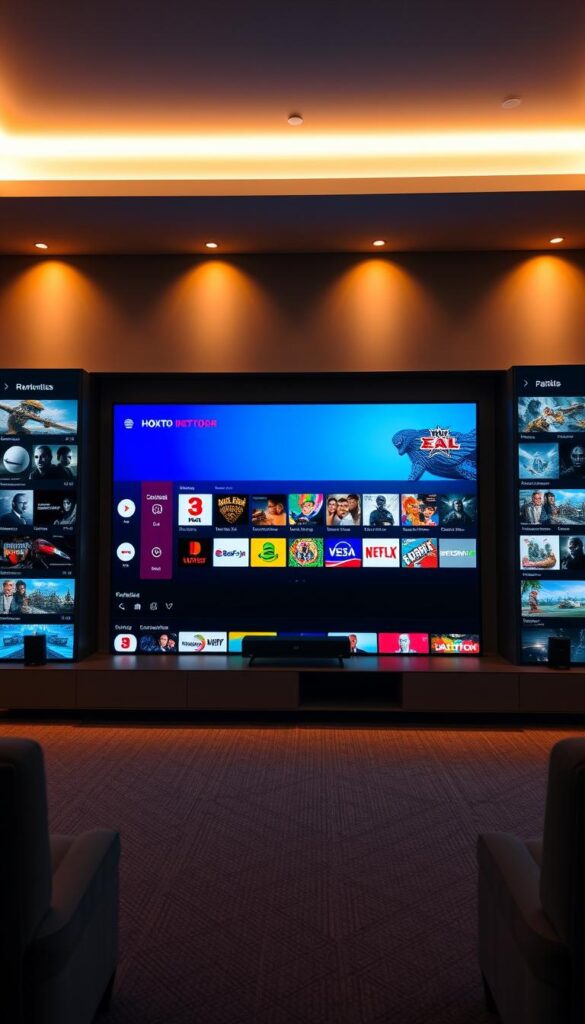 A sleek, minimalist interface showcasing the extensive IPTV content library of the Hoxtoon Provider. A crisp, high-resolution display takes center stage, flanked by streamlined menus and intuitive navigation controls. The layout is clean and uncluttered, allowing the vast selection of live TV channels, on-demand movies, and curated content collections to shine. Warm, indirect lighting illuminates the scene, creating a sense of depth and sophistication. The overall aesthetic conveys the premium quality and reliability of the Hoxtoon IPTV service.