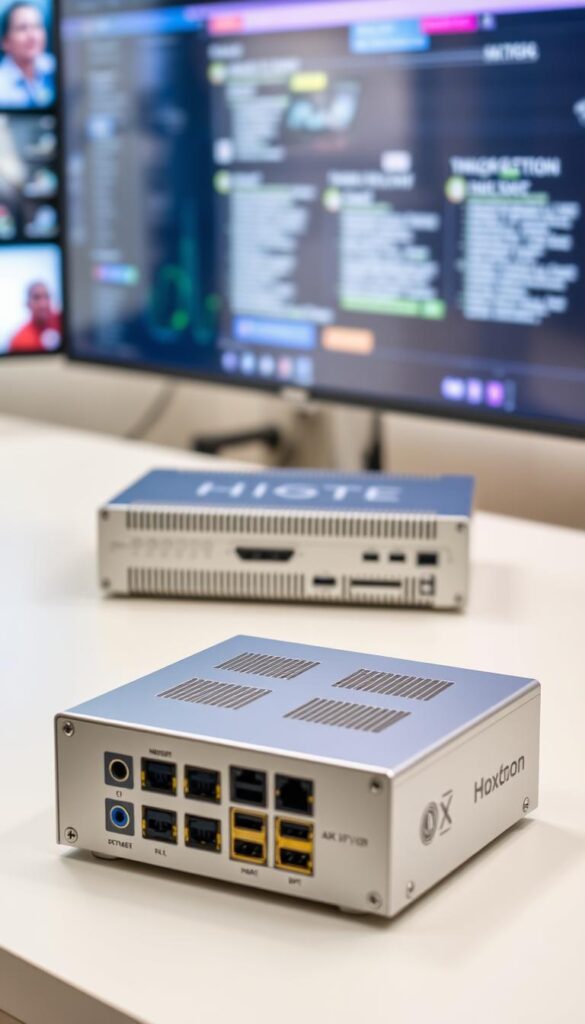 A sleek, modern 4K IPTV encoder by Hoxtoon Provider sits atop a minimalist white desk, its clean lines and silver accents reflecting the ambient lighting. In the foreground, the device's top panel is visible, showcasing its intuitive controls and vents for efficient heat dissipation. The mid-ground reveals the encoder's rear panel, equipped with an array of inputs and outputs for seamless connectivity to various devices. The background features a blurred, high-tech setting, hinting at the encoder's advanced capabilities and compatibility with a wide range of multimedia platforms.