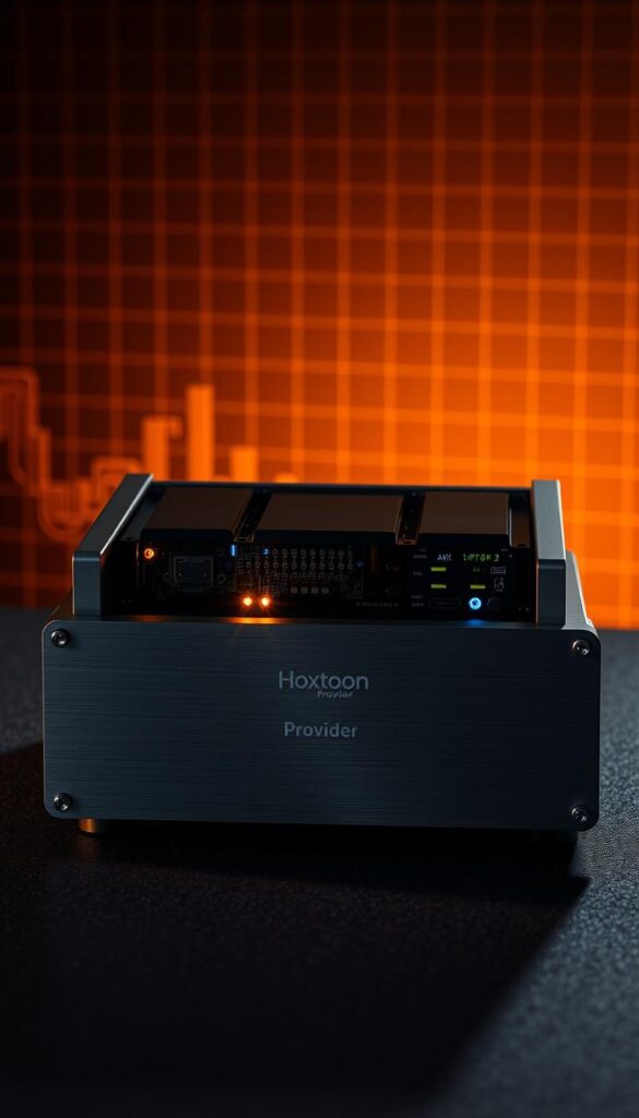 A sleek, modern 4K IPTV encoder with a brushed metal casing and minimalist design. The device sits atop a dark, textured surface, casting soft shadows. Intricate circuit boards and components are visible through transparent panels, showcasing the advanced technology within. Glowing indicator lights and a streamlined control interface suggest the encoder's sophisticated capabilities. Warm, directional lighting illuminates the scene, creating a professional, technical atmosphere. In the background, a subtle grid pattern or network diagram suggests the encoder's role in digital media distribution. The Hoxtoon Provider logo is discreetly displayed on the front panel, identifying this as a premium IPTV solution.