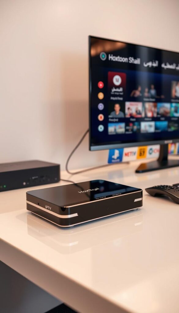 A sleek, modern Arabic IPTV box set up on a clean, minimalist desk. The box has a glossy black finish, accented by metallic trim. It is connected to a large, high-resolution display, showcasing the Hoxtoon Provider user interface. The lighting is soft and even, creating a warm, inviting atmosphere. The setup is captured from a slightly elevated angle, allowing the viewer to appreciate the elegant design and seamless integration of the components. The overall scene conveys a sense of technology, efficiency, and the premium quality of the Hoxtoon Provider IPTV service.