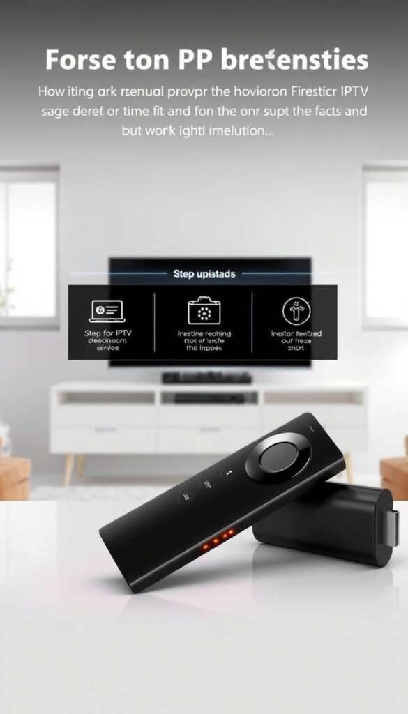 A sleek, modern Firestick device sits prominently in the foreground, its glowing LED indicators casting a warm, inviting glow. In the middle ground, a series of step-by-step instructions unfold, guiding the user through the installation process of the Hoxtoon Provider IPTV service. The background features a clean, minimalist living room setting, with a large, flat-screen TV visible, ready to display the Hoxtoon interface. The lighting is soft and natural, creating a sense of ease and simplicity. The overall composition conveys a straightforward, user-friendly experience for setting up the Hoxtoon IPTV solution on a Firestick.