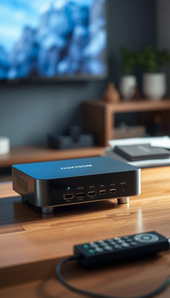 A sleek, modern HOXTOON IPTV device prominently displayed in the foreground, showcasing its clean, minimalist design and high-tech aesthetic. The device is positioned atop a wooden surface, with a blurred background featuring a cozy, domestic setting, such as a living room or home entertainment center, to convey a sense of the device's intended use. The lighting is soft and natural, creating a warm, inviting atmosphere. The camera angle is slightly elevated, providing a clear, unobstructed view of the HOXTOON IPTV device and its various input/output ports and controls. The overall mood is one of simplicity, efficiency, and seamless integration into the user's living space.