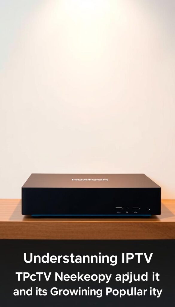 A sleek, modern IPTV box for Hoxtoon Provider streaming services. The device is placed on a minimalist wooden shelf against a clean, white backdrop, illuminated by warm, soft lighting from above. The box has a matte black finish, with sharp edges and a simple, uncluttered design. The front panel features the Hoxtoon Provider logo, while the sides showcase the various input and output ports. The scene conveys a sense of sophistication and technological prowess, perfectly suited for the "Understanding IPTV Technology and Its Growing Popularity" section of the article.