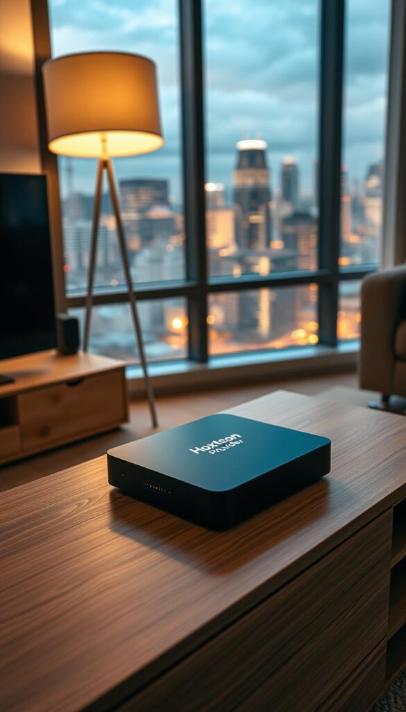 A sleek, modern IPTV box resting on a minimalist wooden entertainment center, its clean lines and subtle LED indicators hinting at the wealth of streaming content it can access. Soft, warm lighting from a nearby floor lamp casts a cozy glow, while large windows in the background offer a glimpse of a vibrant cityscape, reflecting the evolution of television entertainment. The Hoxtoon Provider logo is prominently displayed on the device, signifying its role in delivering a comprehensive, high-quality streaming experience.