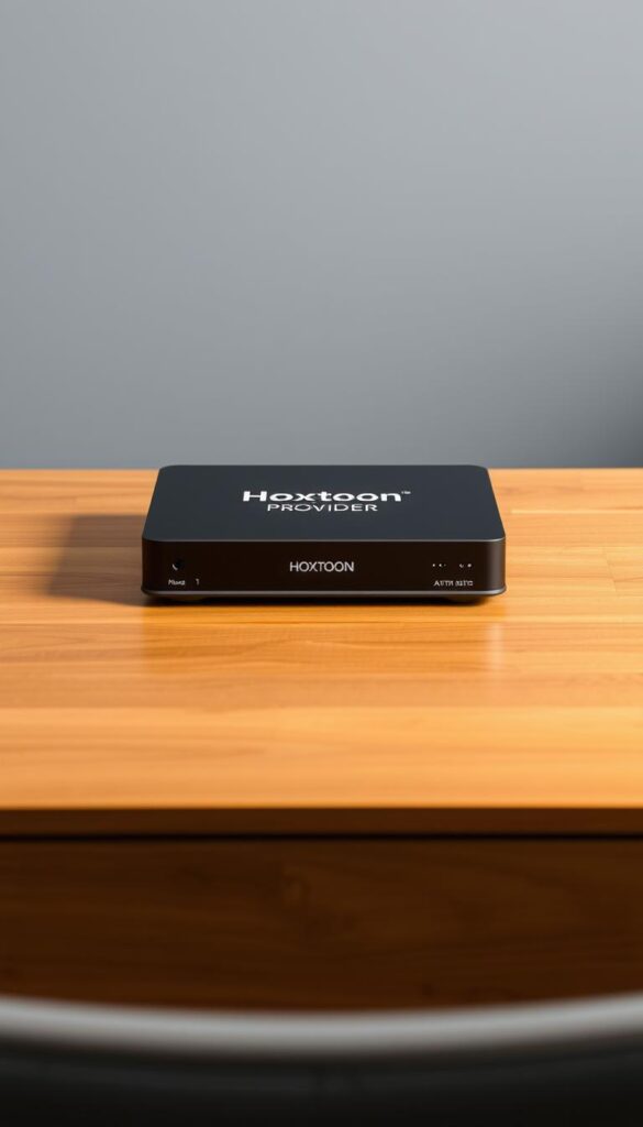 A sleek, modern IPTV box sits atop a polished wooden table, its front panel emblazoned with the "Hoxtoon Provider" logo. The device is surrounded by a minimalist, well-lit setup, with a neutral grey backdrop providing a clean, professional look. The box is depicted from a slightly elevated angle, showcasing its slim, rectangular design and various ports and connections. The lighting is soft and evenly distributed, creating a sense of sophistication and high-quality. The overall scene conveys the premium, reliable nature of the Hoxtoon IPTV service and the robust hardware that powers it.