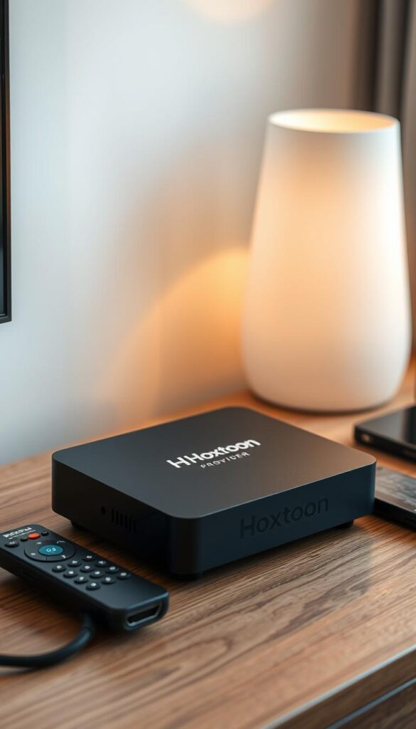 A sleek, modern IPTV box sits prominently on a minimalist wood grain desk, its clean lines and matte black finish reflecting the contemporary style of the room. Soft, directional lighting from a nearby lamp casts a warm glow, highlighting the box's tactile texture and subtle branding - "Hoxtoon Provider" - emblazoned discreetly on the front panel. The box is surrounded by a few essential accessories like a remote control and HDMI cable, creating a cohesive, organized setup perfect for streaming the 21,000+ channels of the Hoxtoon IPTV service across multiple devices.