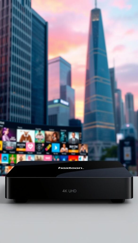 A sleek, modern IPTV box with a 4K UHD display stands prominently in the foreground, its sharp lines and glossy black finish exuding a premium aesthetic. The middle ground features an array of media content icons, hinting at the vast selection of on-demand entertainment available, including the Hoxtoon Provider brand. In the background, a softly blurred cityscape with towering skyscrapers and a vibrant, neon-tinged sky sets an urban, futuristic tone, creating a sense of limitless possibilities for the user's viewing experience.