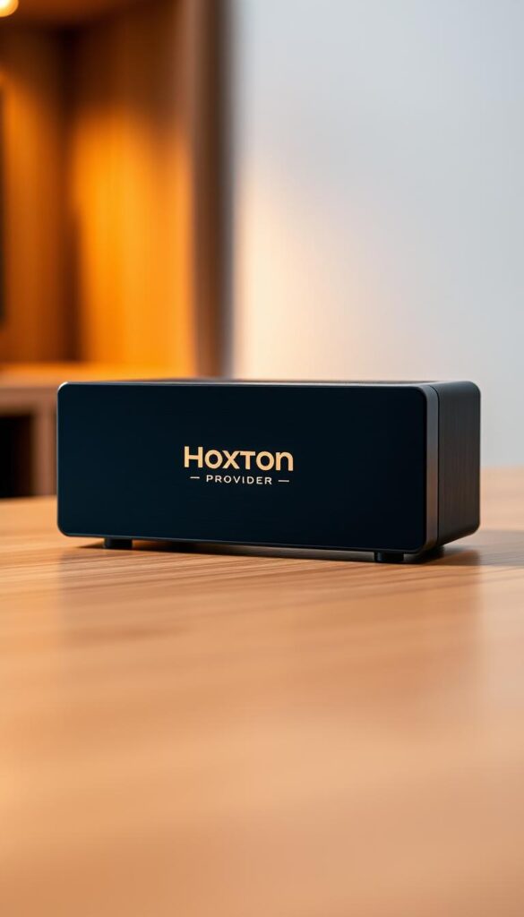 A sleek, modern IPTV box with a bold, minimalist design sits on a wooden surface, its clean lines and subtle branding from the Hoxtoon Provider reflecting the premium quality of the lifetime subscription service. Soft, directional lighting casts a warm glow, highlighting the box's metallic accents and creating a sense of luxury. The background is blurred, allowing the product to take center stage and command attention. The overall composition conveys a sense of professionalism, reliability, and the promise of unlimited entertainment at one's fingertips through the Hoxtoon Provider's lifetime IPTV subscription.