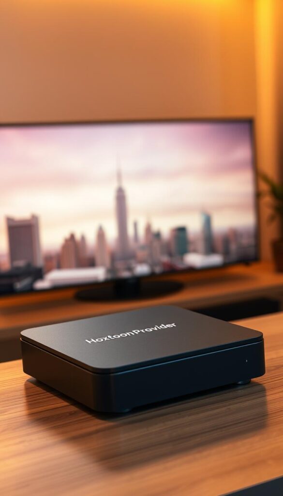 A sleek, modern IPTV box with a prominent "Hoxtoon Provider" logo sits atop a wooden surface, bathed in warm, soft lighting. The box features a minimalist design with clean lines and a matte black finish, complemented by discreet silver accents. The screen displays a crisp, 4K resolution image, showcasing the device's advanced capabilities. In the background, a blurred city skyline suggests the box's versatility in providing a wide range of digital entertainment options. The overall scene conveys a sense of sophistication and technological prowess, hinting at the exceptional IPTV experience the Hoxtoon Provider box can deliver.