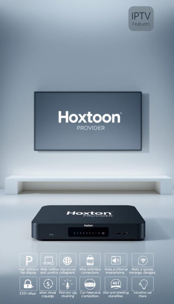A sleek, modern IPTV box with the Hoxtoon Provider brand prominently displayed. The box is set against a minimalist, high-tech backdrop, with a soft, diffuse lighting creating a sense of sophistication. In the foreground, the key features of the box are showcased, including a high-definition display, a wide range of connectivity options, and advanced streaming capabilities. The middle ground features intuitive user interface elements, highlighting the box's intuitive usability and seamless navigation. In the background, a subtle pattern or texture adds depth and visual interest, creating an overall premium, high-quality aesthetic.