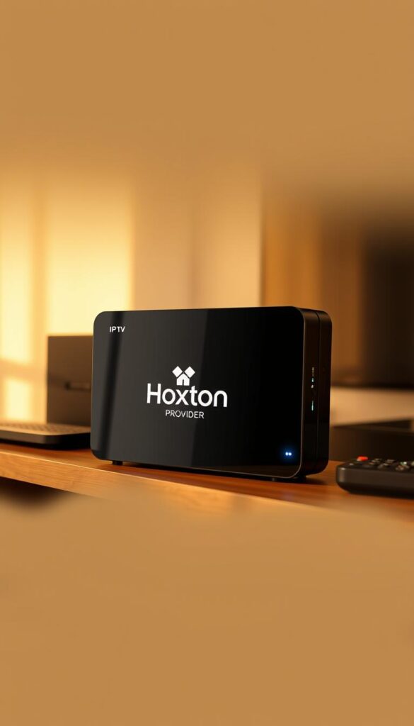 A sleek, modern IPTV box with the Hoxtoon Provider logo prominently displayed on the front panel. The box has a clean, minimalist design with a glossy black finish and subtle LED indicators. It sits atop a wooden entertainment console, surrounded by various streaming devices and remote controls. The room is bathed in warm, soft lighting, creating a cozy, inviting atmosphere. The IPTV box is the focal point, conveying a sense of reliability and high-quality performance for the Hoxtoon Provider service.