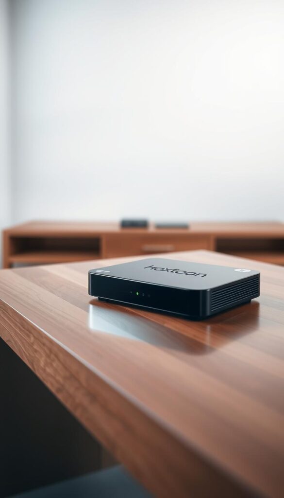 A sleek, modern IPTV box with the Hoxtoon Provider logo prominently displayed, sitting on a minimalist wooden table. The box has a clean, glossy black finish, with subtle silver accents that catch the light. In the background, a simple, uncluttered wall creates a sense of focus and serenity. The lighting is soft and diffused, creating a warm, inviting atmosphere. The angle of the shot highlights the box's elegant design, showcasing its seamless integration of form and function. The overall composition conveys a sense of quality, reliability, and the promise of unlimited access to a vast array of TV channels and entertainment options.