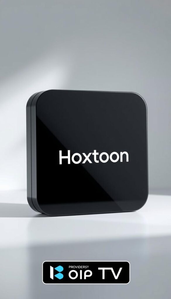 A sleek, modern IPTV box with the Hoxtoon Provider logo prominently displayed. The box is set against a clean, minimalist background, with subtle highlights and shadows that give it a sense of depth and dimensionality. The box itself has a glossy, premium finish, with clean lines and a streamlined design that suggests high-end technology. The image conveys a sense of quality, reliability, and cutting-edge features that would appeal to the target audience for the Hoxtoon IPTV service.