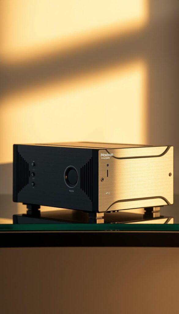 A sleek, modern IPTV encoder set against a clean, minimalist backdrop. The device features a brushed metal finish, with subtle indicator lights and intuitive control panels. Positioned atop a glass or metal desk, the encoder is bathed in warm, directional lighting, casting long shadows and highlighting its sharp, geometric form. In the background, a muted gradient or abstract pattern adds visual interest without distracting from the focal point - the Hoxtoon Provider IPTV encoder, a testament to cutting-edge technology and innovative design.