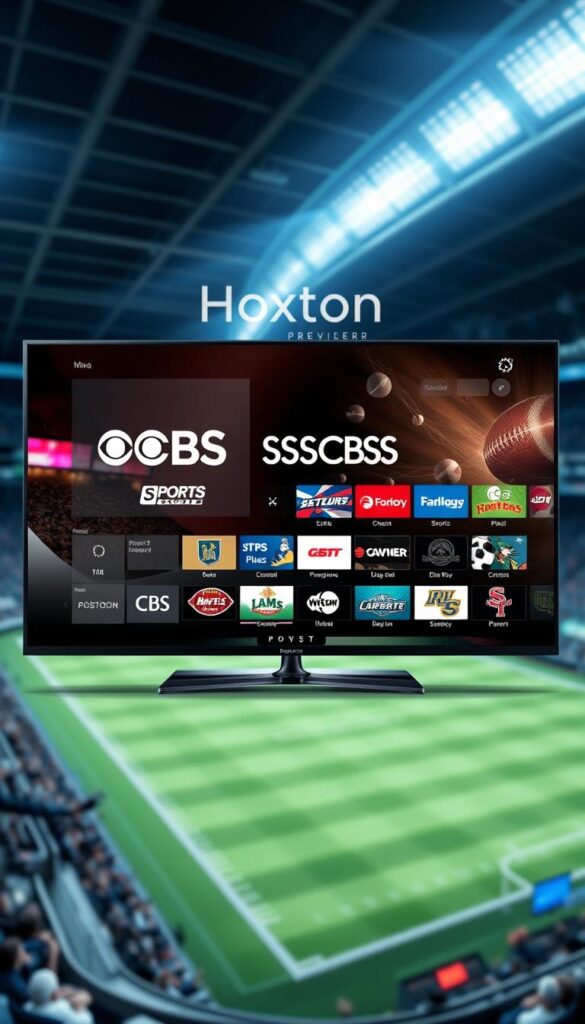 A sleek, modern IPTV interface showcasing the Hoxtoon Provider brand, featuring a comprehensive CBS Sports channel lineup against a backdrop of a high-tech sports stadium. Realistic lighting illuminates the vibrant, high-definition graphics and intuitive controls, creating an immersive sports viewing experience. The scene conveys a sense of technological innovation and the future of television entertainment, positioning Hoxtoon as a premier IPTV solution for sports enthusiasts.