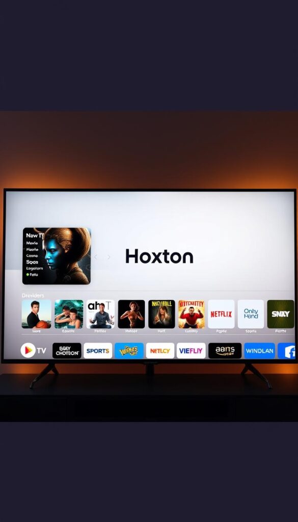 A sleek, modern IPTV interface with the Hoxtoon Provider logo prominently displayed. The screen is filled with a clean, minimalist design featuring large, high-definition icons for popular streaming services and live TV channels. The interface is bathed in a soft, warm lighting that creates a cozy, inviting atmosphere. The layout is intuitive and easy to navigate, with clear sections for movies, TV shows, sports, and more. The overall impression is one of sophistication and user-friendliness, reflecting the high-quality entertainment experience that Hoxtoon delivers.