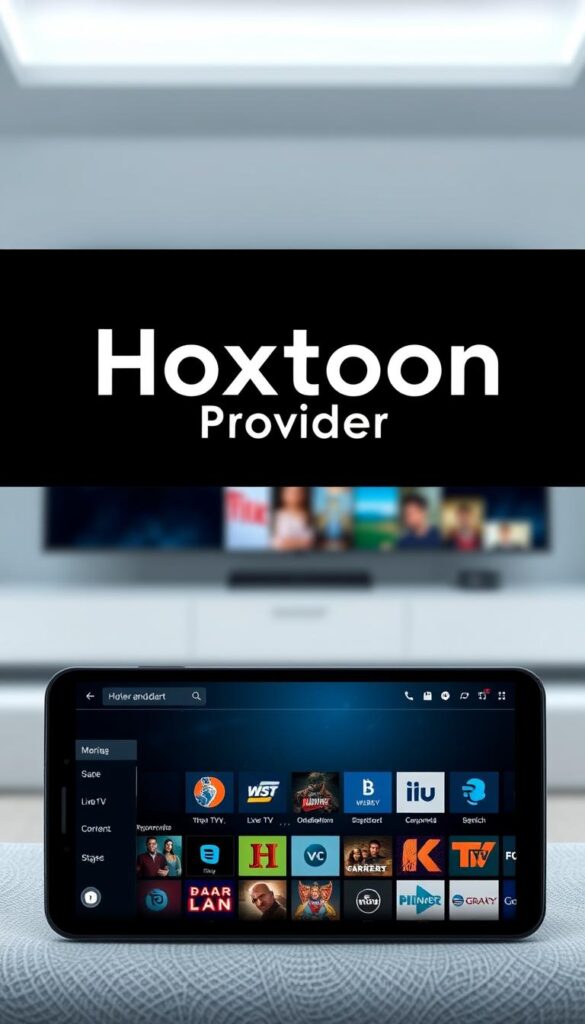 A sleek, modern IPTV player interface for Android devices, featuring the Hoxtoon Provider logo prominently displayed in the center. The player is shown in a well-lit, minimalist setting, with a clean, intuitive layout of menus and controls. The foreground showcases the player's main screen, highlighting the various content categories and search functionality. The middle ground features detailed icons and graphics representing live TV, on-demand movies, and other IPTV services. The background depicts a soft, blurred environment, creating a sense of depth and focus on the player interface. The overall mood is one of sophistication, efficiency, and the reliable performance of the Hoxtoon Provider IPTV service.