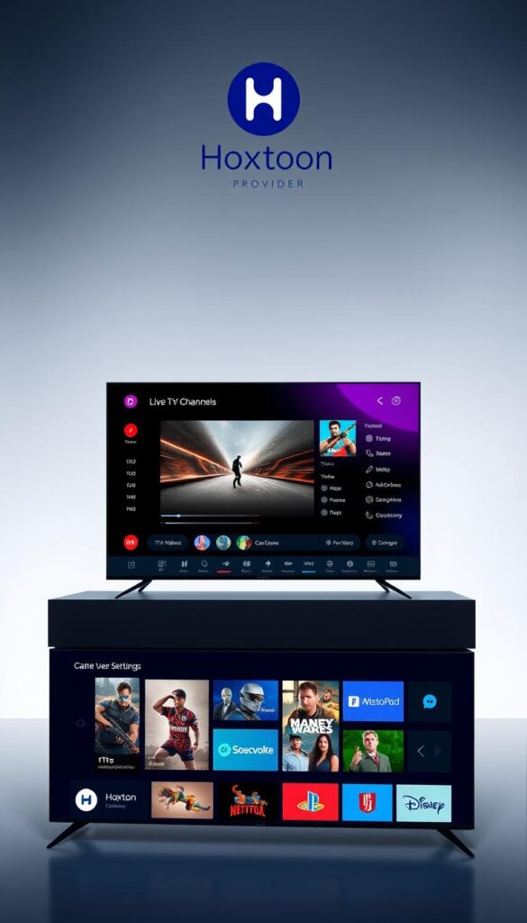 A sleek, modern IPTV provider interface designed for the Hoxtoon platform. The screen is dominated by a clean, minimalist layout with a dark color scheme, accentuated by vibrant accent colors. In the center, a large video player showcases high-quality content, surrounded by neatly organized menus and controls. The interface features intuitive navigation, with sections for live TV channels, on-demand movies and TV shows, and customizable user settings. Subtle lighting effects and a depth of field blur create a sense of depth and professionalism. The Hoxtoon Provider branding is elegantly integrated, with a prominent logo in the top-left corner. Overall, the interface conveys a seamless, high-tech user experience optimized for entertainment and content discovery.