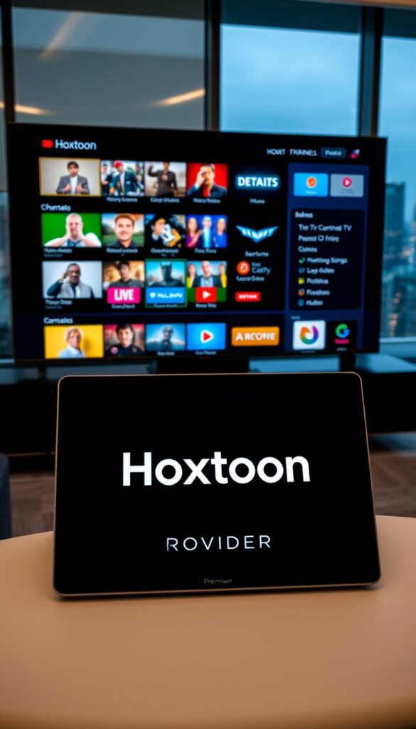 A sleek, modern IPTV service interface showcasing the Hoxtoon Provider brand. In the foreground, a high-definition television screen displays a diverse array of live TV channels and on-demand content. The user interface features a clean, minimalist design with intuitive navigation menus. In the middle ground, a laptop or tablet device prominently displays the Hoxtoon Provider logo, highlighting the brand's premium quality and reliability. The background depicts a sophisticated home entertainment setup, with modern furniture, ambient lighting, and large windows overlooking a cityscape. The overall scene conveys a sense of premium, cutting-edge IPTV technology seamlessly integrated into a stylish, high-end living space.