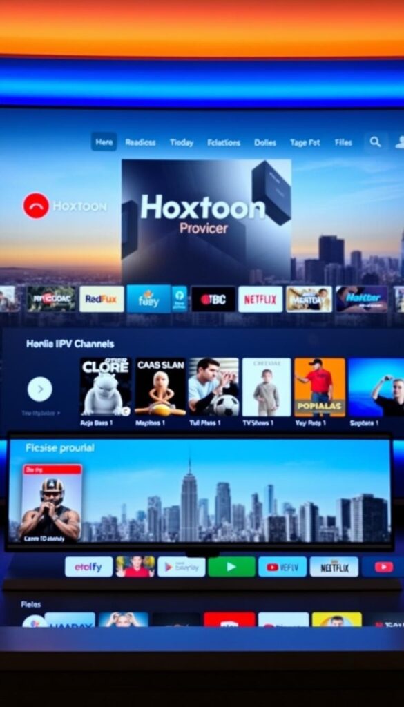 A sleek, modern IPTV service interface showcasing the Hoxtoon Provider brand. In the foreground, a clean, intuitive dashboard with various content categories and a prominent search bar. The middle ground features a hero section highlighting the latest movies, TV shows, and live channels available on the platform. The background subtly displays a cityscape skyline, conveying a sense of global connectivity and entertainment at your fingertips. The overall scene radiates a sophisticated, high-tech ambiance, reflecting the premium quality and reliable performance of the Hoxtoon IPTV service.