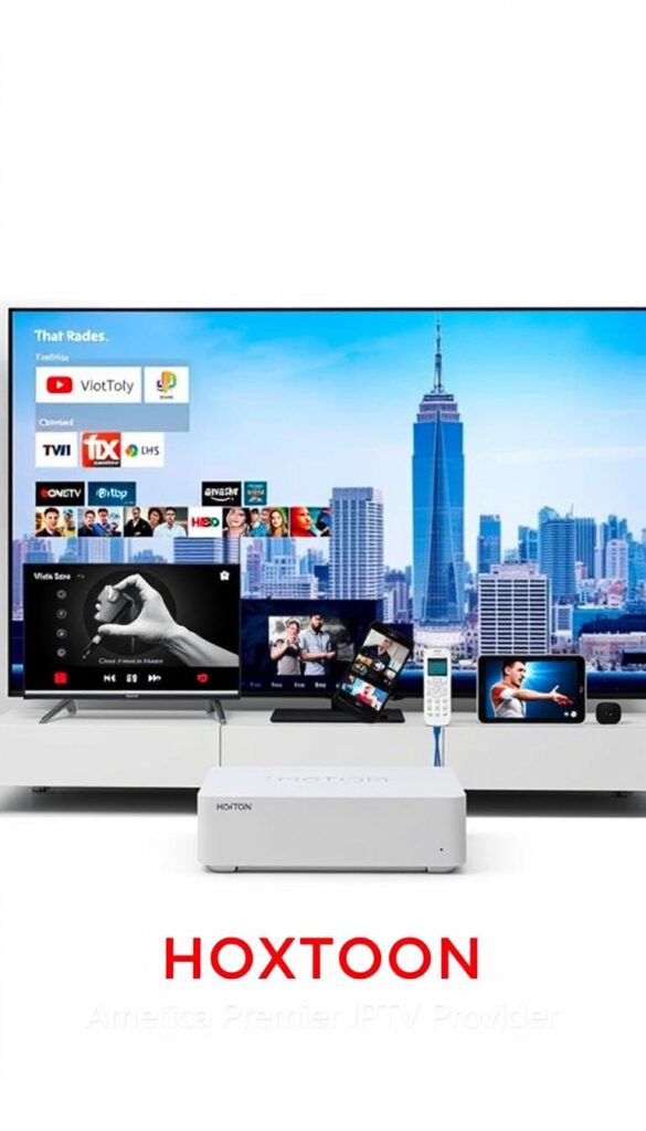 A sleek, modern IPTV service provider interface showcasing the Hoxtoon Provider brand. In the foreground, a clean, uncluttered display of channels and packages, with a focus on the reliability and quality of the service. The middle ground features an array of smart devices, such as TVs, tablets, and smartphones, seamlessly connected to the Hoxtoon IPTV system. The background depicts a city skyline, symbolizing the global reach and accessibility of the service. The overall scene conveys a sense of professionalism, trustworthiness, and technological sophistication, perfectly aligning with the section title "HOXTOON: America's Premier IPTV Service Provider".