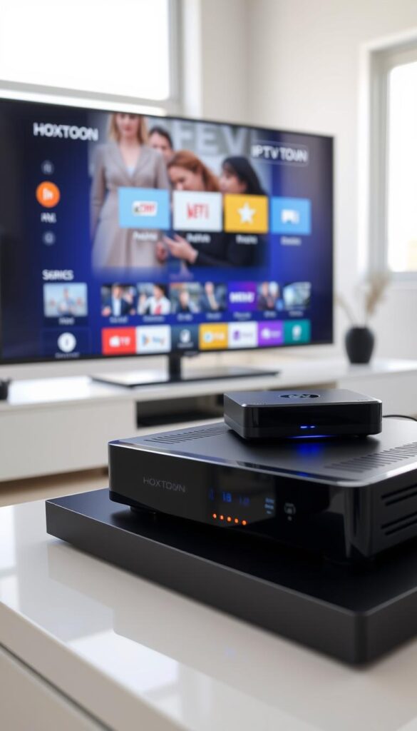 A sleek, modern IPTV setup with the Hoxtoon Provider service prominently displayed. In the foreground, a flat-screen television shows the Hoxtoon interface, its intuitive menu system and high-definition video streams. In the middle ground, a state-of-the-art streaming box or media player sits atop a minimalist entertainment unit, its LED indicators pulsing with activity. The background features a clean, well-lit room with large windows, allowing natural light to fill the space and create a sense of openness and tranquility. The overall scene conveys a feeling of effortless, high-quality home entertainment powered by the reliable Hoxtoon IPTV service.