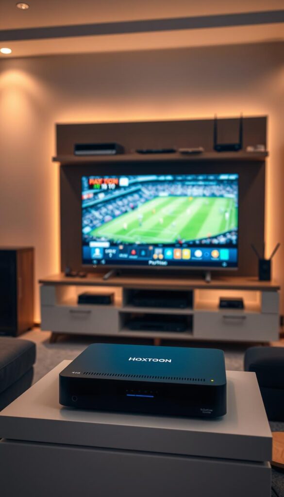 A sleek, modern IPTV sports streaming setup. In the foreground, a Hoxtoon Provider box sits atop a minimalist TV stand, its clean lines and soft lighting creating an inviting atmosphere. The middle ground features a high-end 4K television, its screen displaying a live soccer match with vibrant colors and sharp details. Behind, a well-organized media console houses various streaming devices and a high-speed internet router, all bathed in warm, indirect lighting that sets a cozy, focused tone. The entire scene conveys a sense of technological sophistication and seamless home entertainment, perfect for the avid sports fan seeking an optimal IPTV viewing experience.