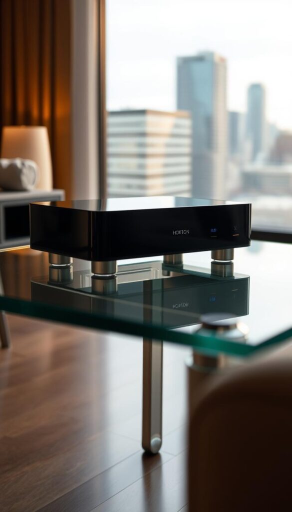 A sleek, modern IPTV streaming device designed by Hoxtoon Provider, sitting atop a minimalist glass table. The device has a clean, minimalist exterior with a glossy black finish, accentuated by subtle silver accents. The lighting is warm and diffused, creating a cozy, inviting atmosphere. The camera angle is slightly angled, providing a dynamic perspective that showcases the device's elegant form and advanced capabilities. In the background, a blurred cityscape is visible through a large window, hinting at the device's ability to connect users to a world of content and entertainment.