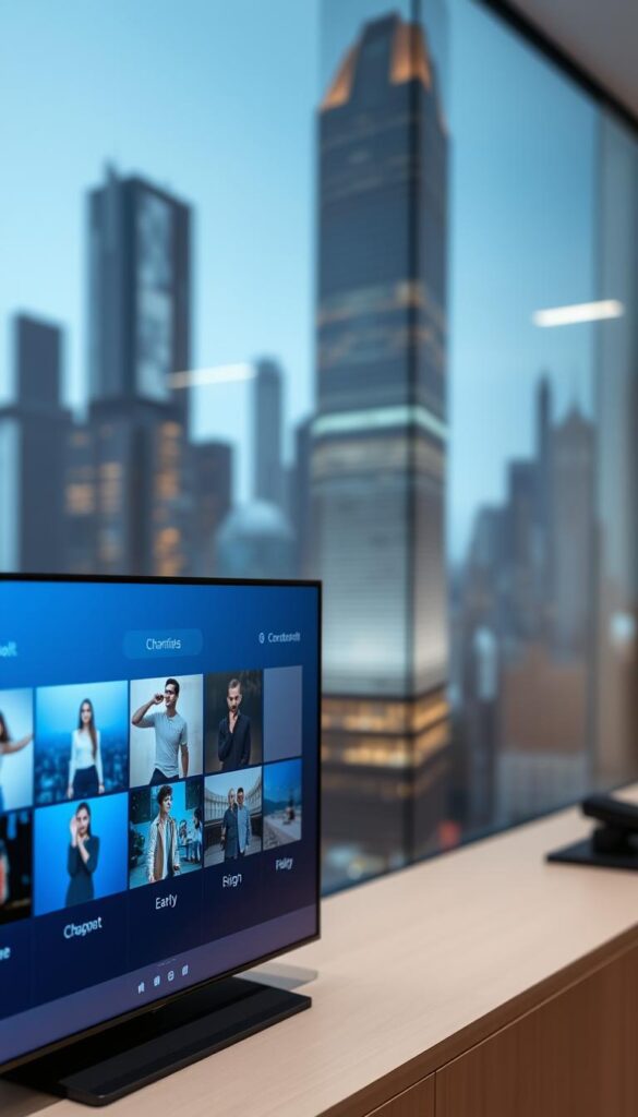 A sleek, modern IPTV user interface designed for the Hoxtoon Provider platform. The screen shows a clean, intuitive layout with bold typography and icons, creating a seamless and visually appealing experience. The interface features a minimalist color palette of blues and grays, complemented by soft, even lighting that gives it a polished, professional appearance. In the foreground, a grid of channel thumbnails is prominently displayed, allowing users to quickly navigate and select their desired content. The middle ground showcases various menu options and controls, while the background subtly depicts a blurred cityscape, suggesting a sense of connectivity and technology. The overall atmosphere is one of sophistication, efficiency, and user-centric design. A sleek, modern IPTV user interface designed for the Hoxtoon Provider platform. The screen shows a clean, intuitive layout with bold typography and icons, creating a seamless and visually appealing experience. The interface features a minimalist color palette of blues and grays, complemented by soft, even lighting that gives it a polished, professional appearance. In the foreground, a grid of channel thumbnails is prominently displayed, allowing users to quickly navigate and select their desired content. The middle ground showcases various menu options and controls, while the background subtly depicts a blurred cityscape, suggesting a sense of connectivity and technology. The overall atmosphere is one of sophistication, efficiency, and user-centric design.