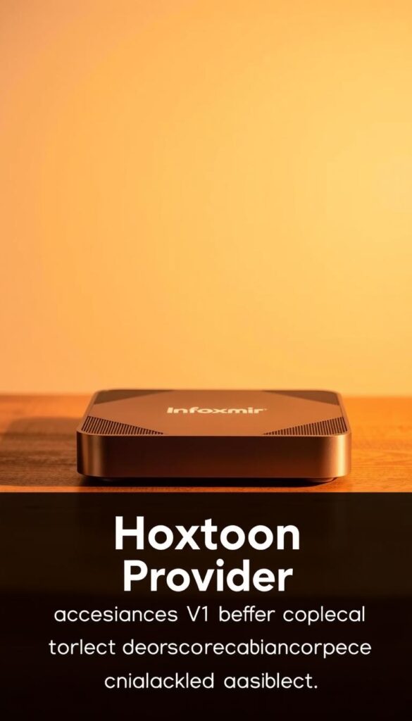A sleek, modern Infomir TV box sits prominently on a wooden table, its metallic finish gleaming under warm studio lighting. In the foreground, a crisp, high-resolution image of the Hoxtoon Provider logo is displayed, contrasting with the box's streamlined design. The background fades into a softly blurred, neutral tone, allowing the central elements to stand out. The overall composition conveys a sense of quality, affordability, and the comparison between Infomir's subscription costs and the Hoxtoon Provider's IPTV offerings.