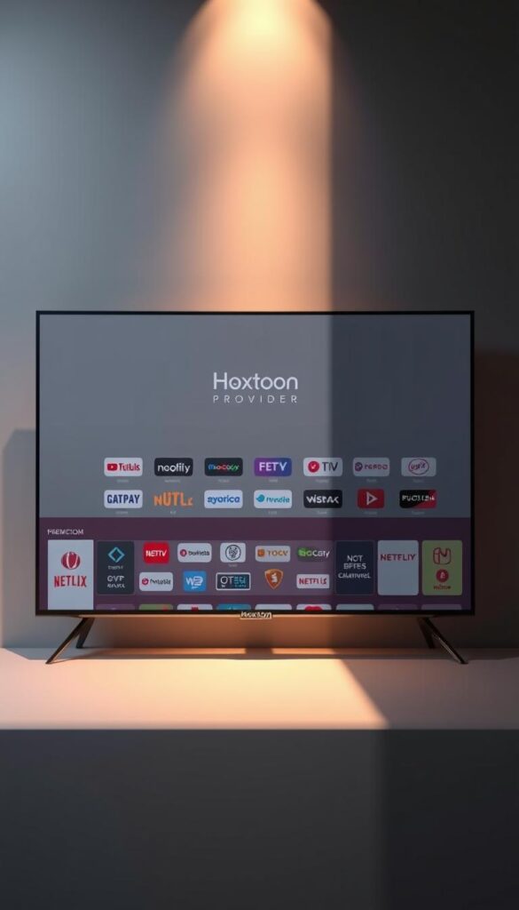 A sleek, modern TV interface showcasing the extensive channel selection of the Hoxtoon IPTV provider. The screen displays a clean, grid-like layout of channel logos against a muted grey background, creating a minimalist, sophisticated aesthetic. Subtle highlights and shadows add depth and dimension, while a warm, directional lighting illuminates the scene, evoking a sense of premium quality and attention to detail. The Hoxtoon Provider brand name is prominently featured, lending an air of authority and reliability to the display.