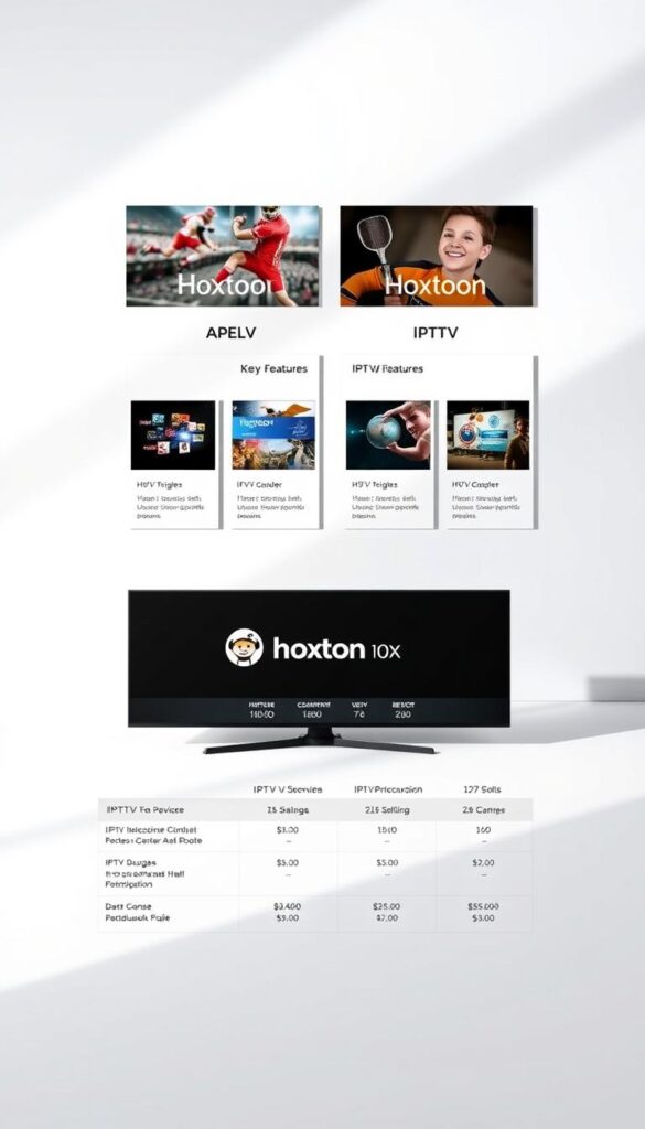 A sleek, modern comparison of popular IPTV service providers displayed on a minimalist, white background. In the foreground, a clean grid layout showcases the Hoxtoon Provider, its key features, and pricing details. The middle ground features additional IPTV options, each presented in an organized manner with concise information. Soft, directional lighting creates depth and highlights the service details. The overall composition conveys a sense of professionalism and clarity, perfectly suited to inform readers about the best IPTV premium Reddit options.